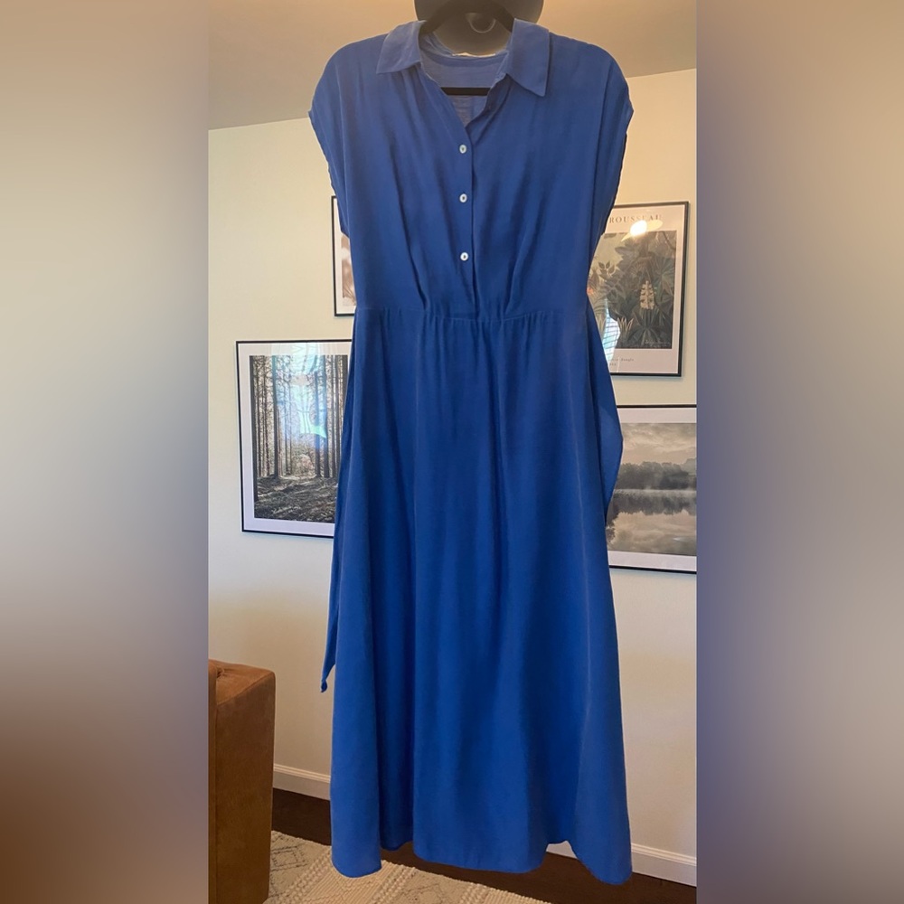 MNG Mango Blue Midi Shirt Dress Tie Waist Cap Sleeve Size M